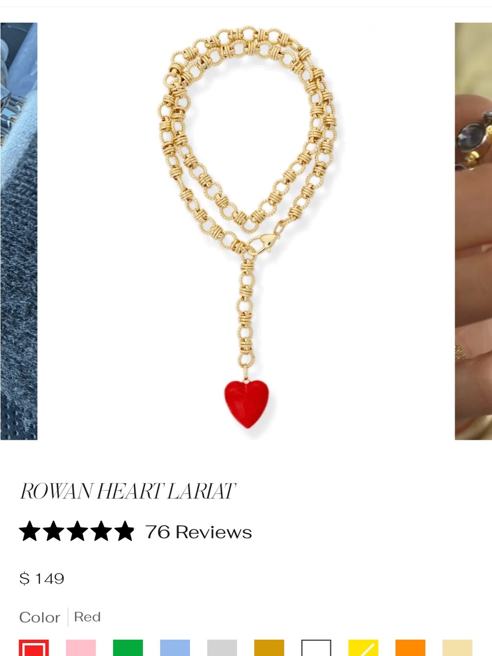 Rowan Heart Lariat Necklace — Gold Chain with Red Heart Pendant